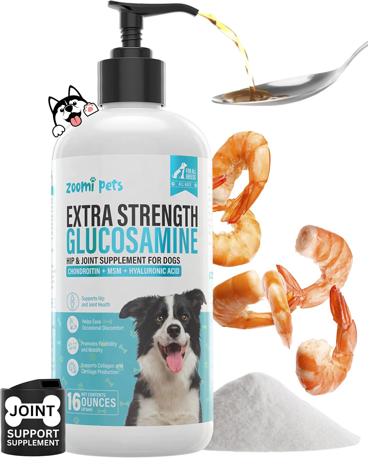 Zoomi Pets Liquid Glucosamine for Dogs (16oz) - Hip and Joint Supplement with Hyaluronic Acid, MSM, Manganese & Glucosamine Chondroitin…