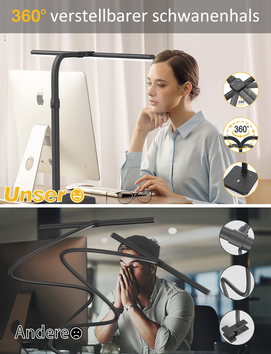 Lampe De Bureau LED Portable - Contrôle Tactile En 3 Couleurs Luminosite A 3 Niveaux Batterie Rechargeable Noir 79698614 Lampe De Bureau LED Portable - Contrôle Tactile En 3 Couleurs Luminosite A 3 Niveaux Batterie Rechargeable Noir 79698614