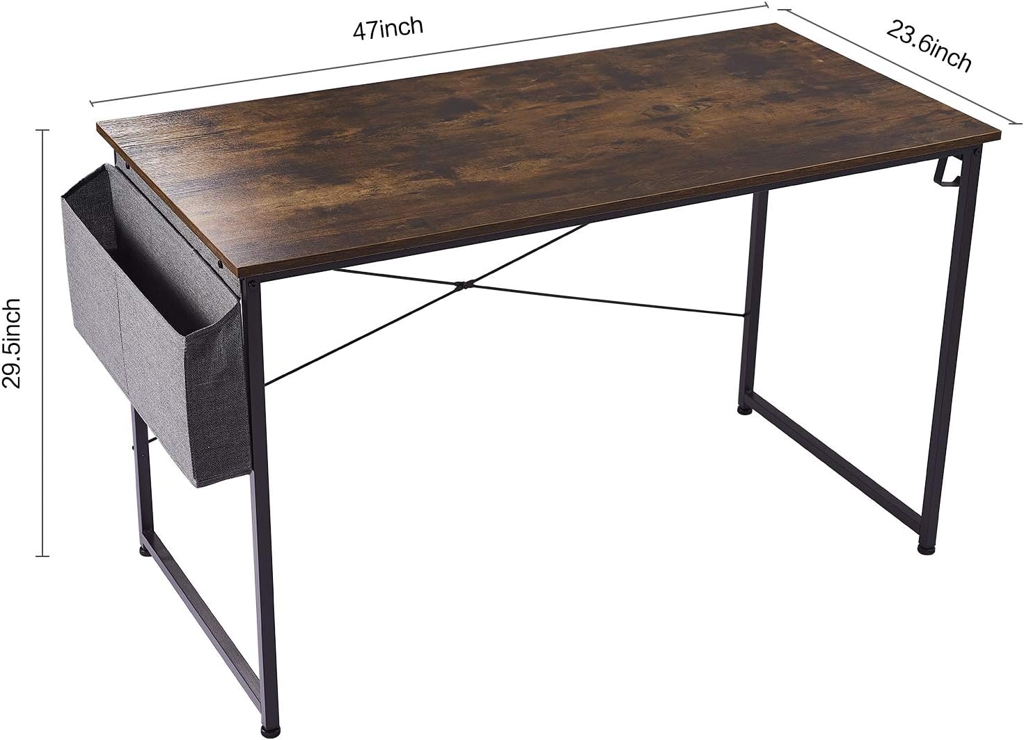 GEOK Computer Desk with Storage Bag, 47'' Writing Study Desk Laptop Table for Home Office, Modern Simple Gaming Desk, Rustic Brown
