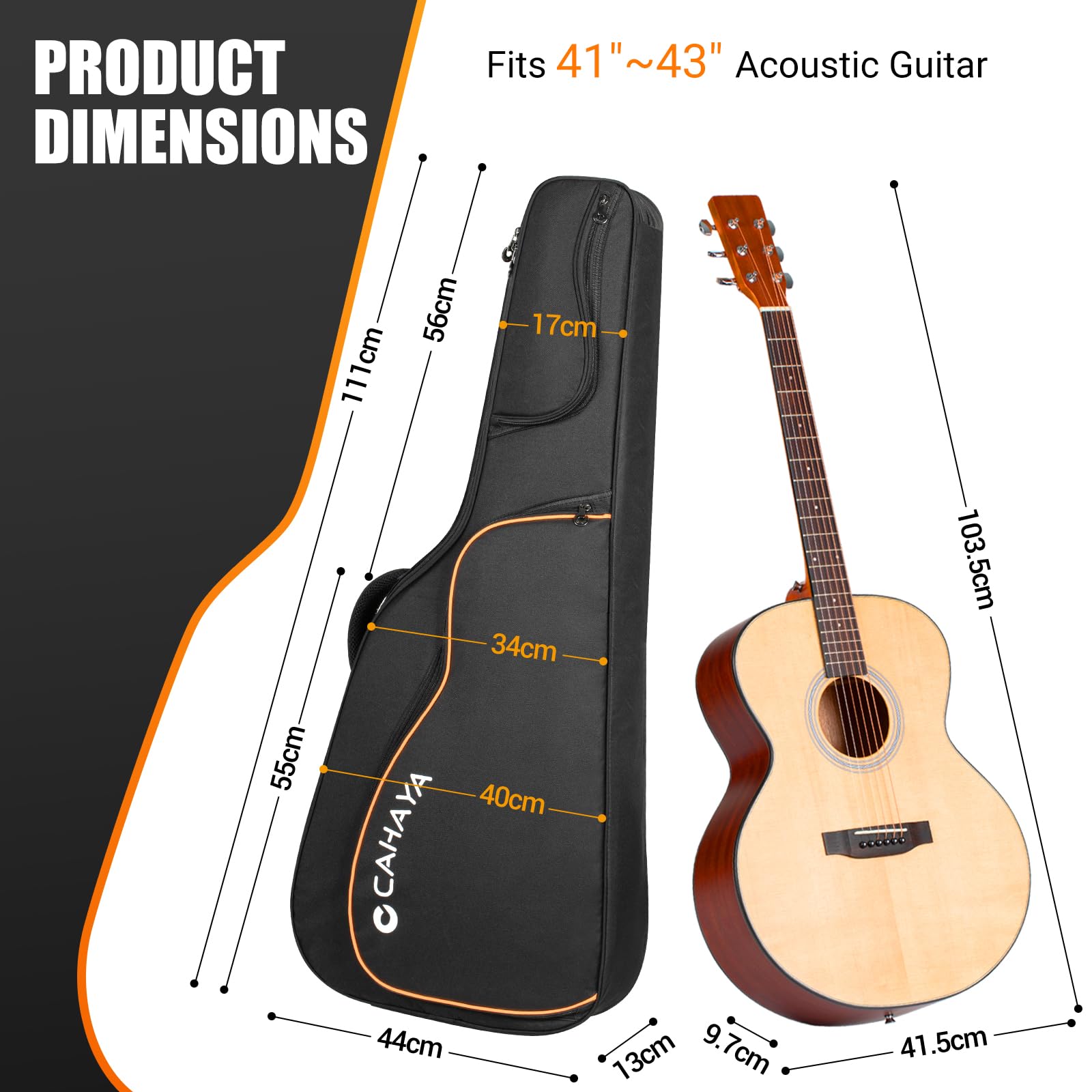 CAHAYA Akustikgitarrentasche für 42 43 44 Zoll Gitarren 0,5 Zoll dicke Polsterung Gitarrentasche Gigbag weich mit verstellbaren Schultergurten und Rückengriff CY0346