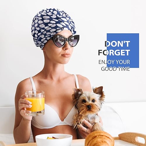 Miniatura 6 de INNELO Gorro de ducha de lujo para mujer, reutilizable, impermeable, doble capa con correa elástica ajustable, gorro de baño grande con forro de