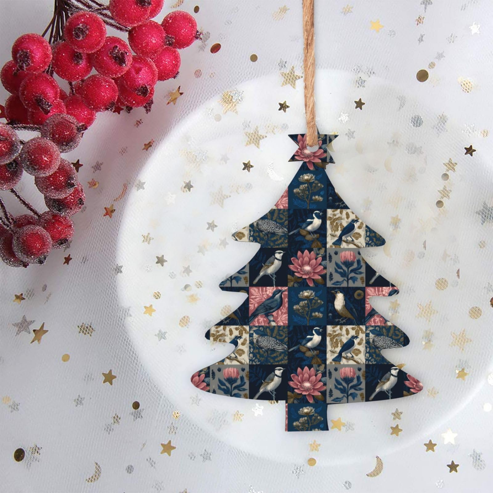 Skandinavische Weihnachts-Holzornamente mit Vogel- und Blumenmuster, 4 Stück, Set mit 6 natürlichen Holzdesigns für gemütlichen, rustikalen Weihnachtsbaum und Zuhause