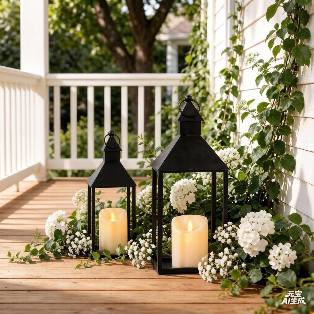 Lantern Decorative Outdoor/Indoor Set of 2 (17" & 13") Black Metal Candle Lanterns with Flameless, Farmhouse Decoration for Home, Porch, Garden, Mantle, Wedding