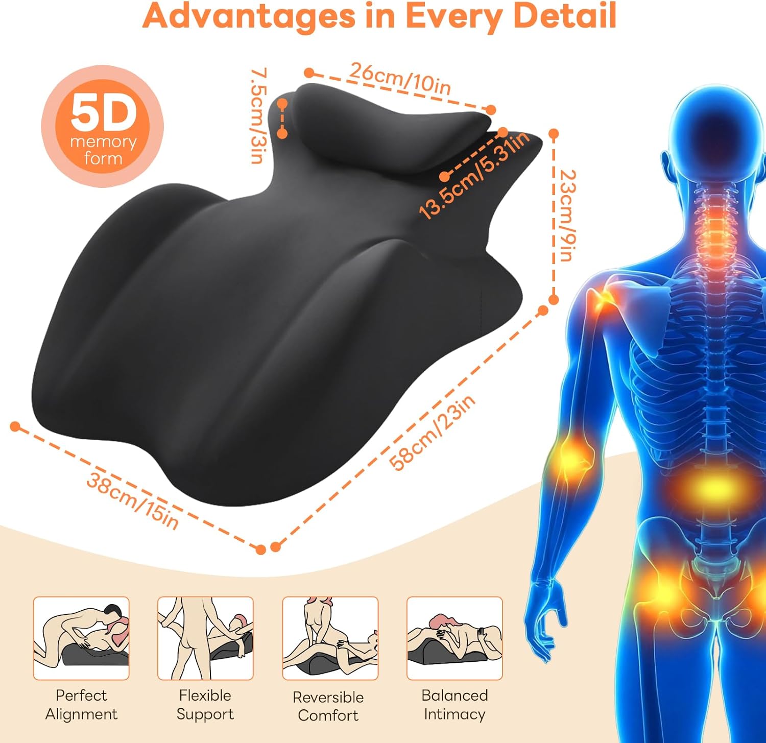 Memory Foam Wedge Pillow, 27° Angled Ergonomic Contoured Intimacy Couples Positioning Pillow for Reading, Back & Neck Support, Multi-Functional Body Support Cushion with Removable Cover