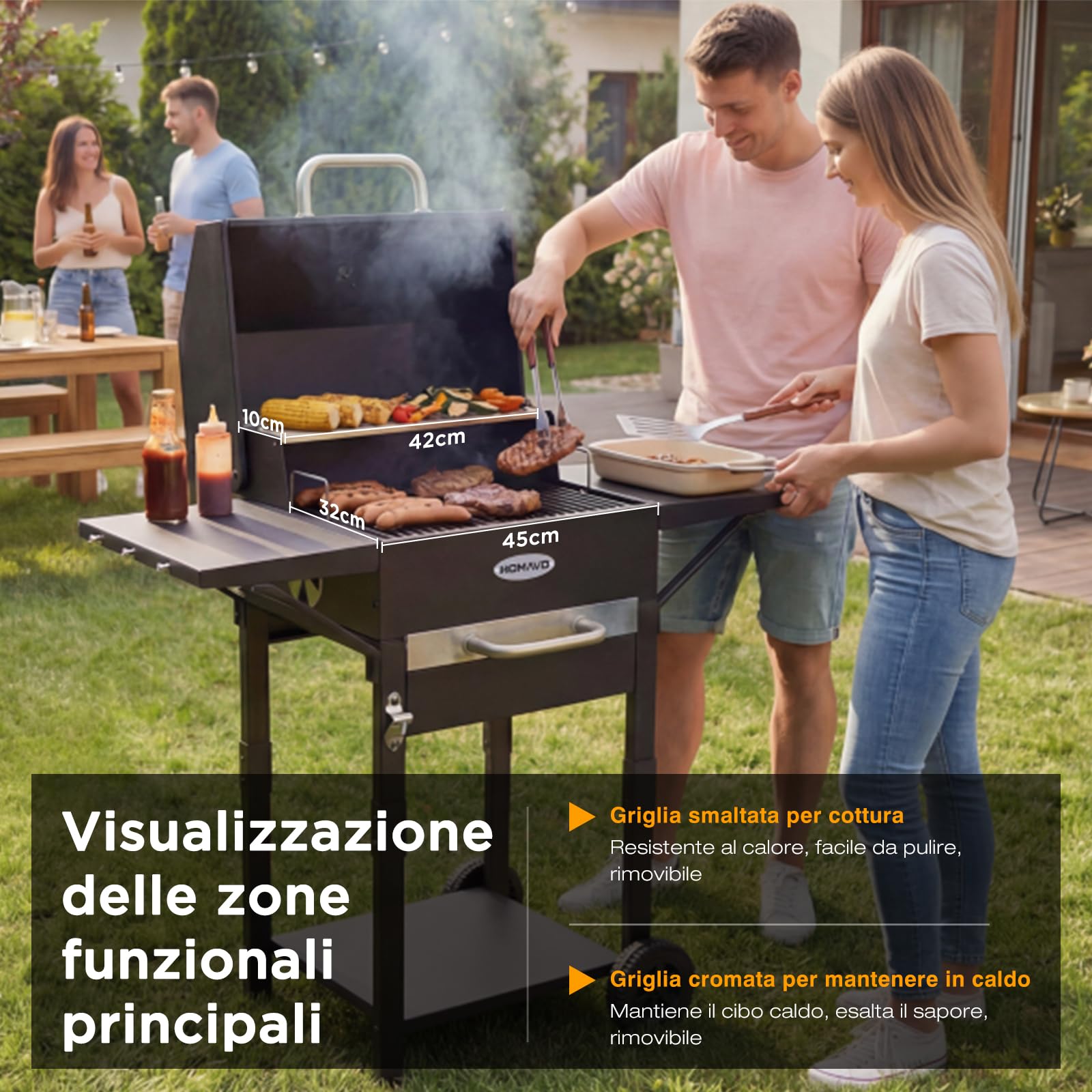 Barbecue a Carbonella, Barbecue con Coperchio, Superficie Cottura: 45×32 cm, Vassoio Carbone Regolabile in Altezza, Tavolino Laterale