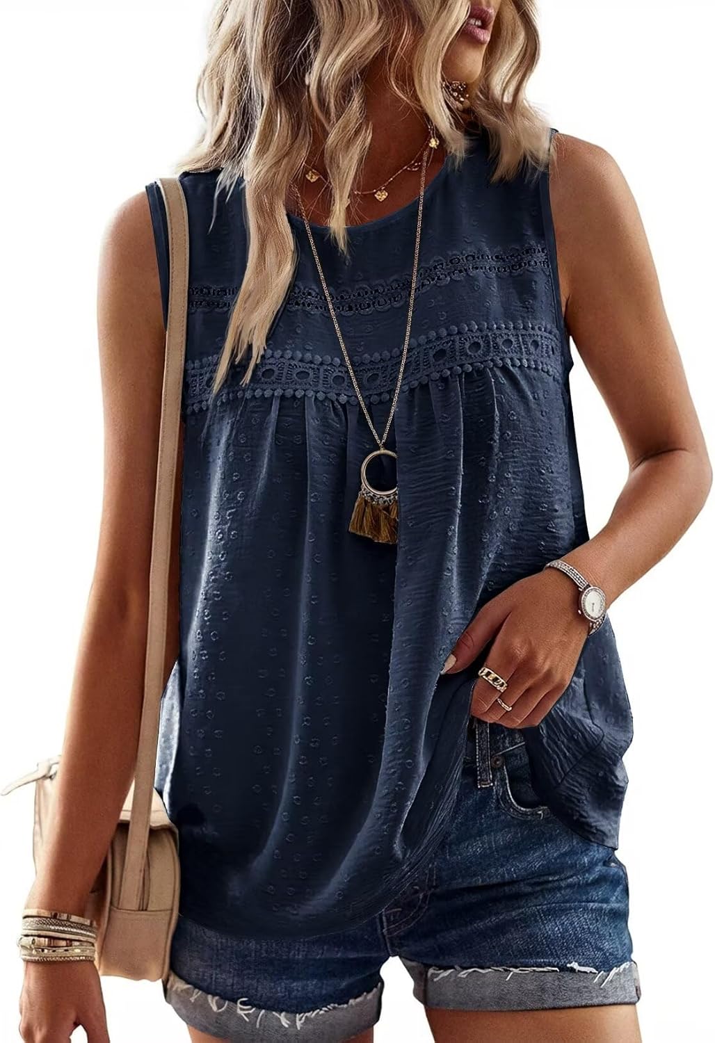 Womens Summer Tops Boho Shirts Crewneck Sleeveless Tank Tops Flowy Lace Hem Casual Blouses Clothing Trendy 2026
