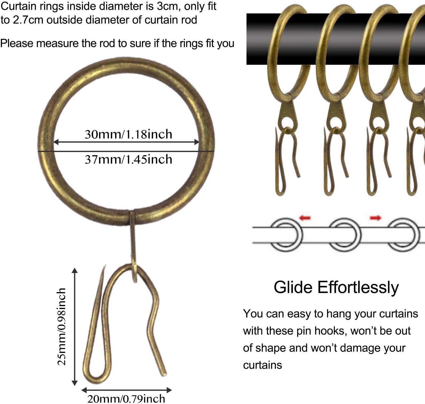60 Pcs Metal Curtain Rings & Hooks Set, 30 mm Internal Diameter, Bronze, Curtain Rod Rings with Eyelet