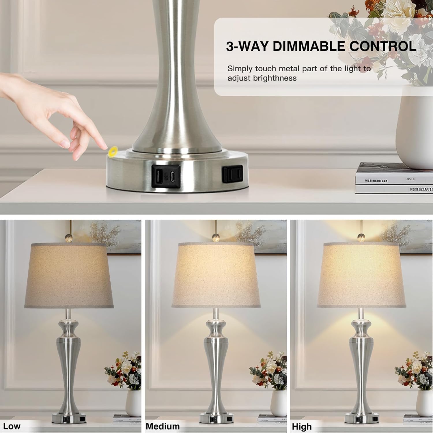 30" Table Lamp, 3-Way Dimmable Touch Bedside Lamp with USB A+C Ports and AC Outlet, Tall Living Room Lamps for Side Table, Modern Brushed Nickel Bedroom Lamps for Nightstand, Silver-1PK