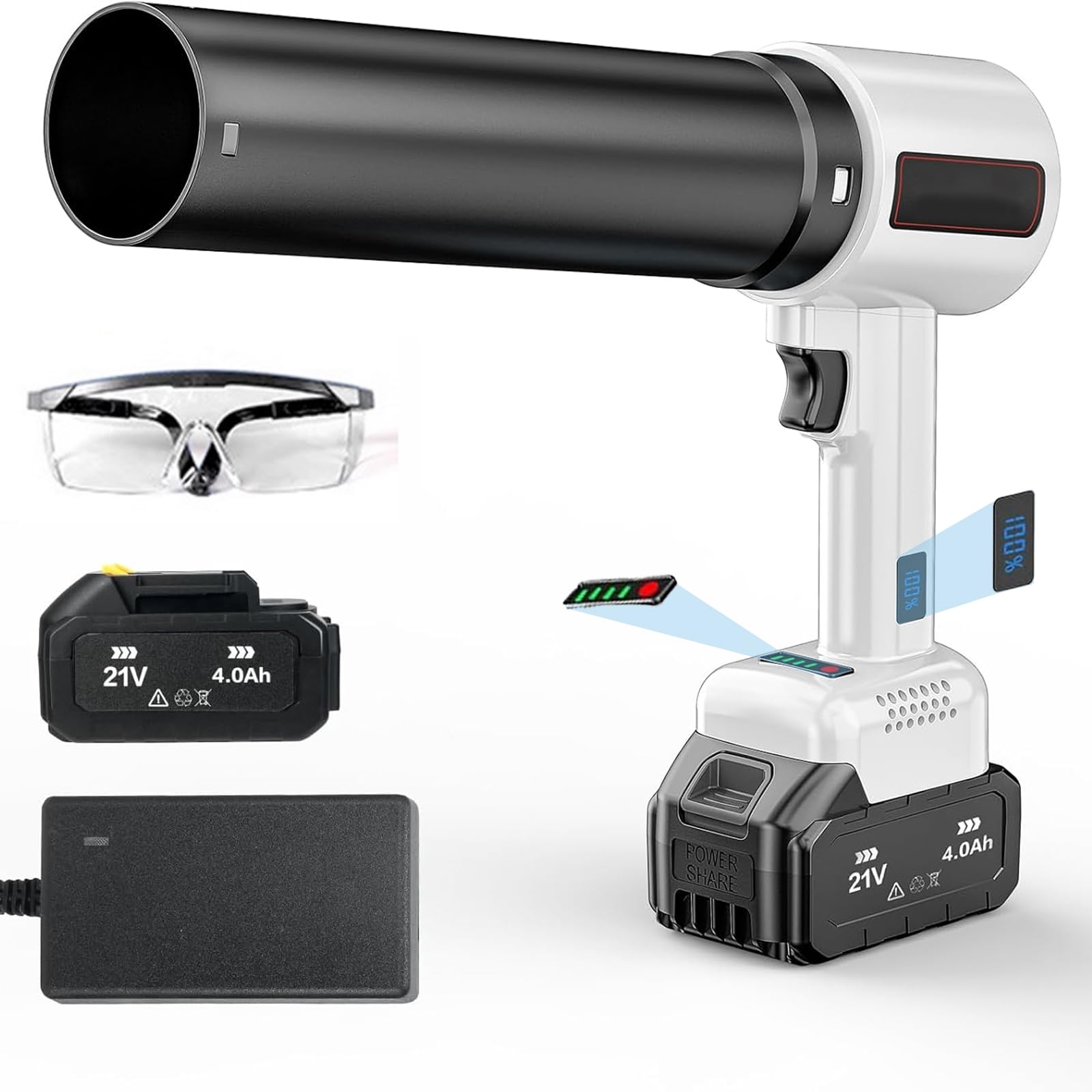 Souffleur sans fil 21V avec batterie 4.0Ah et chargeur pour pelouse