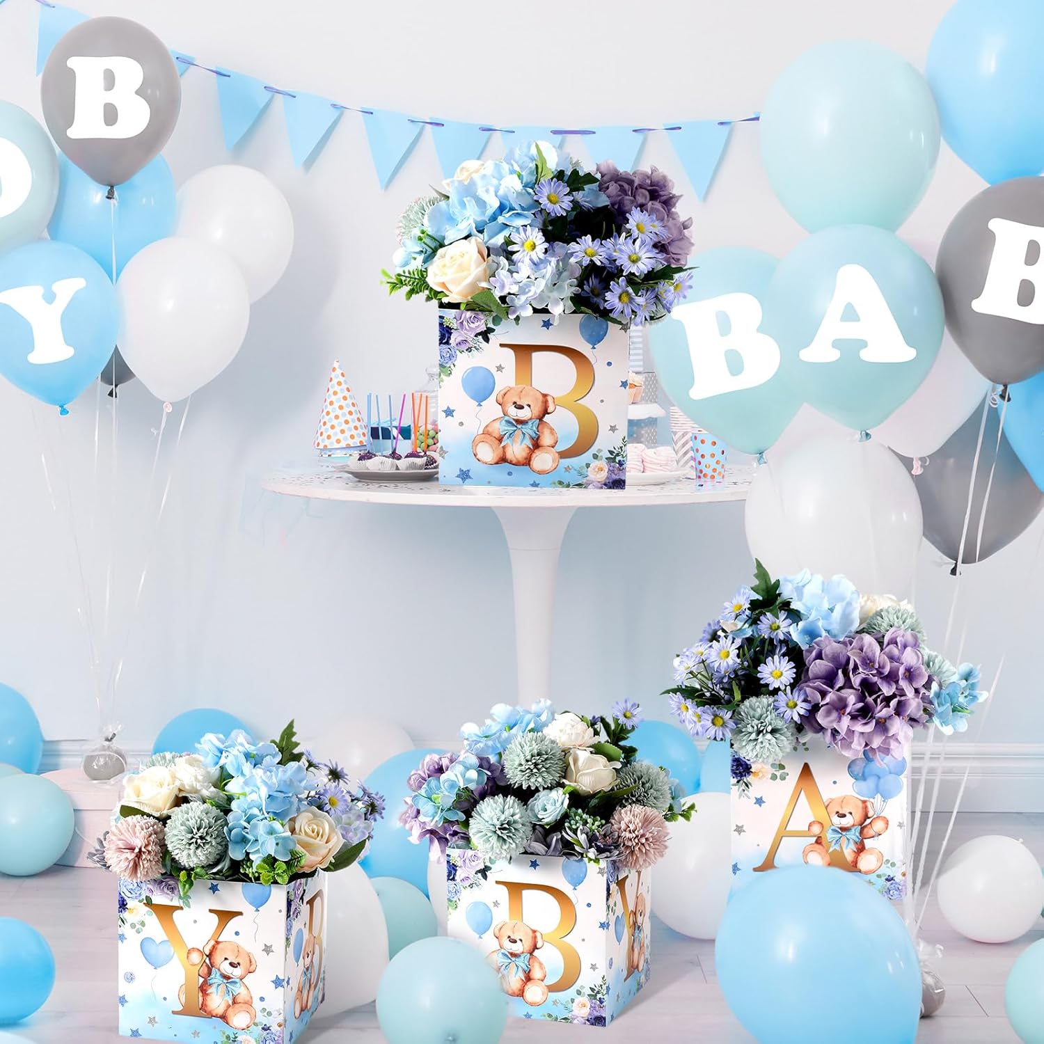 Tanlade 6 Pcs Blue Bear Baby Shower Flower Boxes Centerpieces Decorations Floral Baby Boxes with Letters Shower Box Block for Tables Boy Girl Gender Reveal Birthday Decor Without Flowers