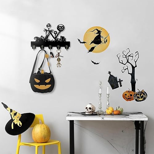 Miniatura 4 de Soporte para llaves de pared, gancho para llaves Jack Decor con 5 ganchos, decoración de esqueleto de Halloween, arte de pared de calavera,