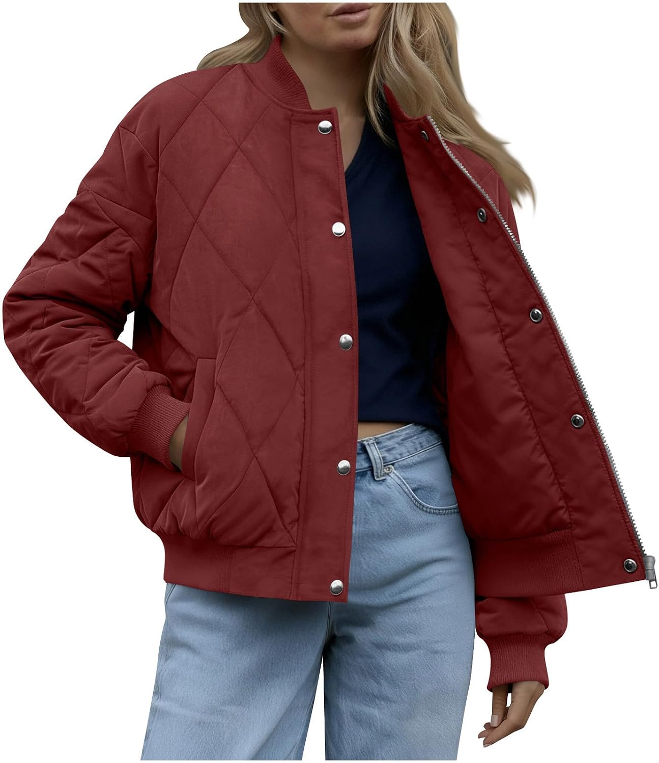 Women's Quilted Bomber Jackets Fall Winter Fashion 2025 Lightweight Zip up Snap Button Outerwear Winter Coats Pockets