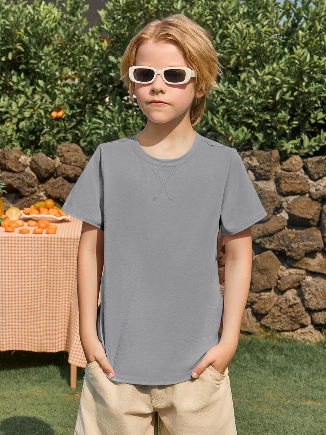 Haloumoning Boys Short Sleeve Shirts Kids Summer Crewneck Curve Hem Tunic Tops Basic tees 5-14 Years - Image 2