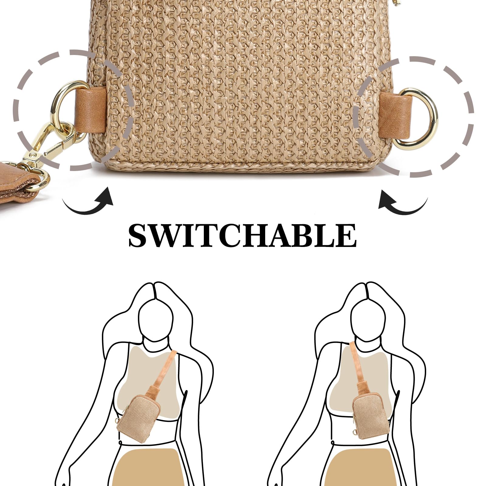 Bolsa de paja de verano, bolsa de playa, bolsa cruzada de ratán tejido para mujer 2025, Tejiendo Khkai, Pequeña, Mochilas Sling 5