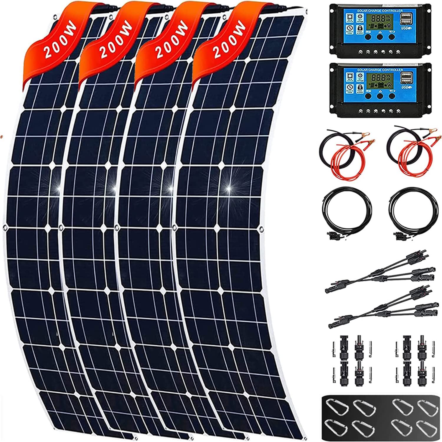Monokrystaliczny panel słoneczny elastyczny 400W 800W zestaw systemów solarnych moduł fotowoltaiczny ogniwo 40A kontroler złącze PV do domu, kampera, przyczepy kempingowej, łodzi,4x200W