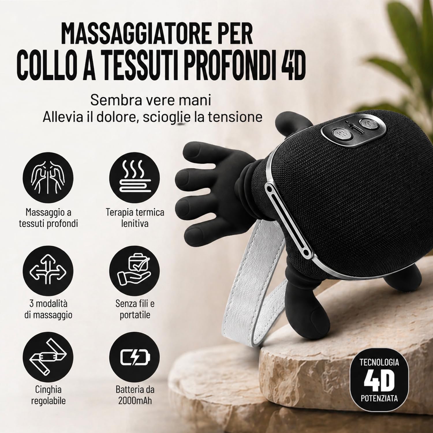 BeFit24 Massaggiatore Cervicale Ergonomico 4D Senza Fili, Massaggiatore Collo e Spalle con Calore, Massaggio Cervicale Profondo per Sollievo dal Dolore, Cuscino Massaggiante Schiena Portatile USB