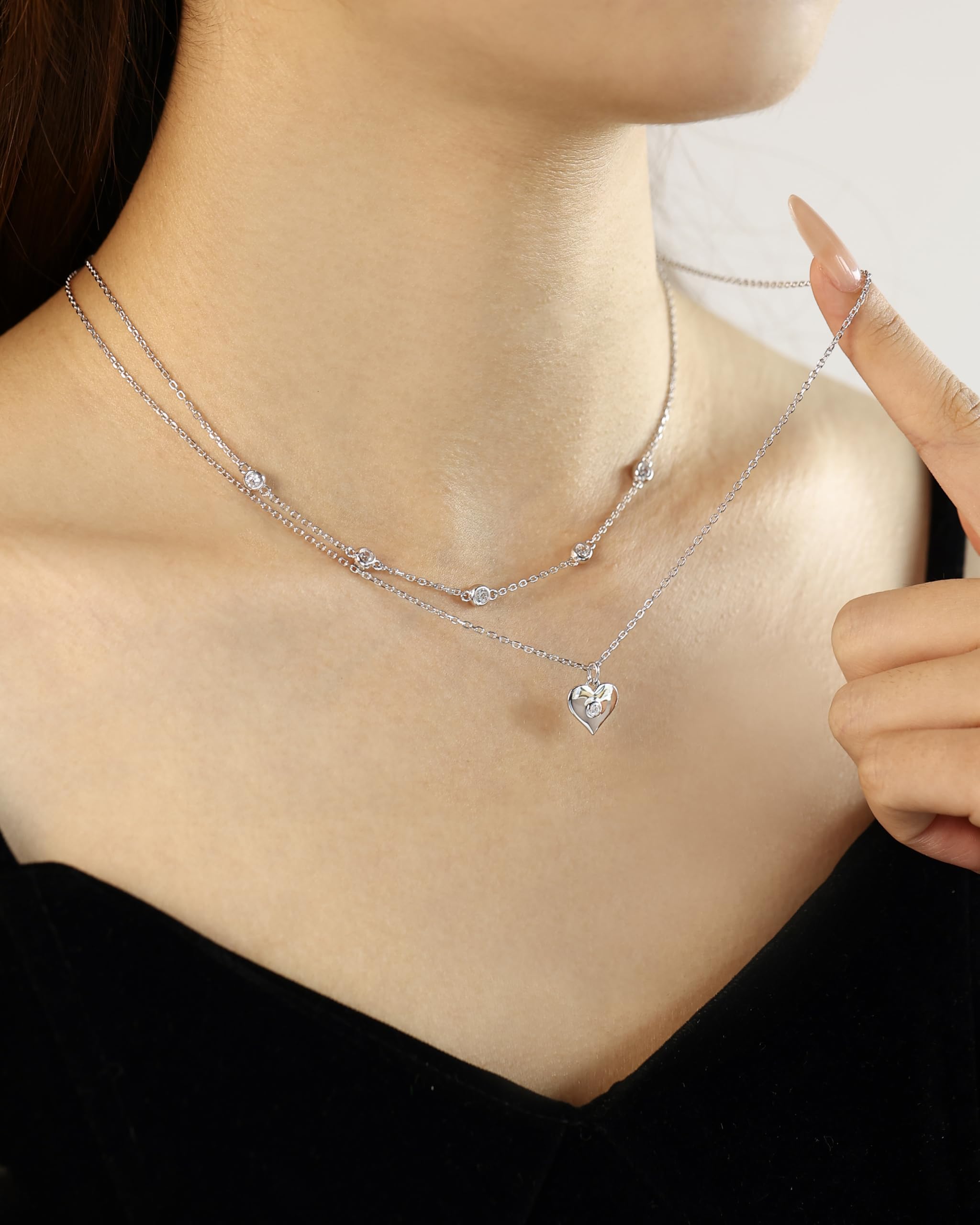 FANCIME Layered Kette Damen mit Anhänger, 14K Weißgold Vergoldet Personalisierte Zarte Mehrreihige Halskette, 925 Sterling Silber Halskette Schmuck für Damen Mädchen