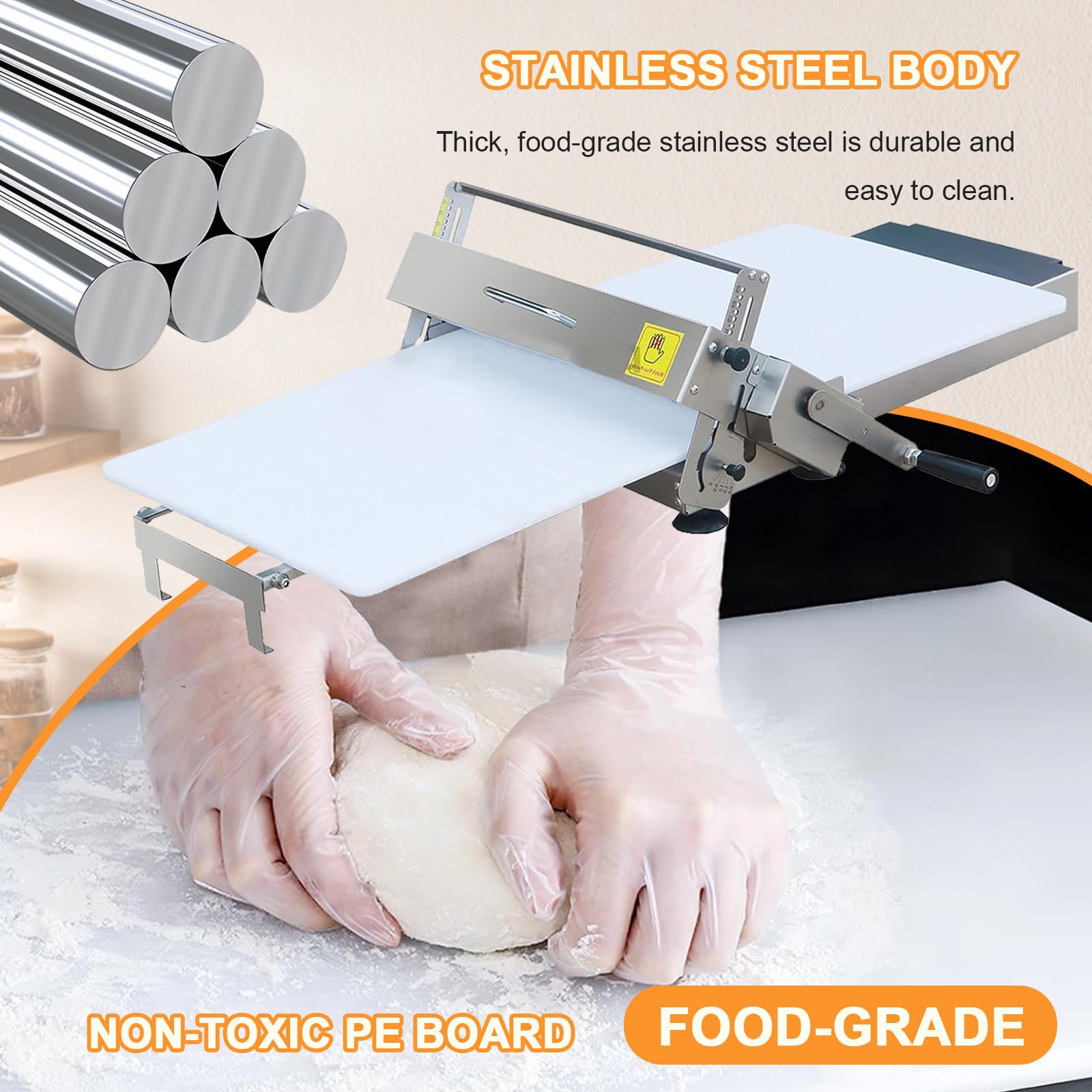 Sfogliatrice Pasticceria Manuale Pieghevole, Sfogliatrice Pasticceria Manuale In Acciaio Inox, Spessori Regolabili da 0 a 25 mm, Superficie Antiaderente in PP, per Croissant, Pizza e Pasta 400-Model