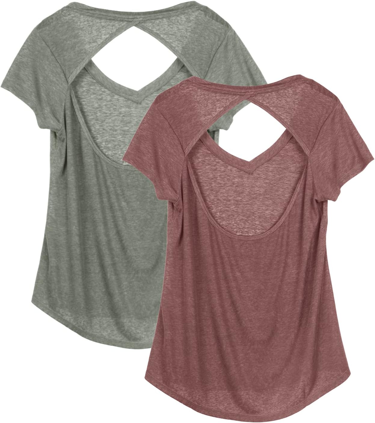 icyzone Activewear Fitness Yoga Tops Workout V Neck Open Back T-Shirts for Women(Pack of 2)