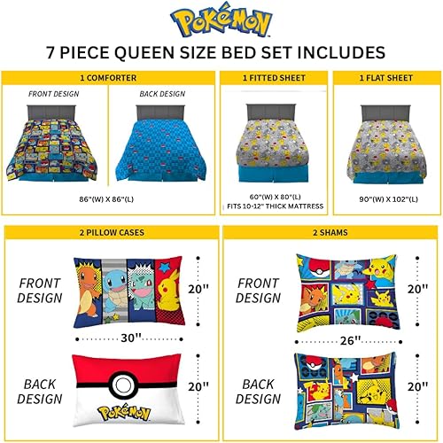 Miniatura 3 de Franco Pokemon Bedding - Juego de edredón y sábanas súper suaves con funda, 7 piezas, tamaño Queen, (producto oficial con licencia)