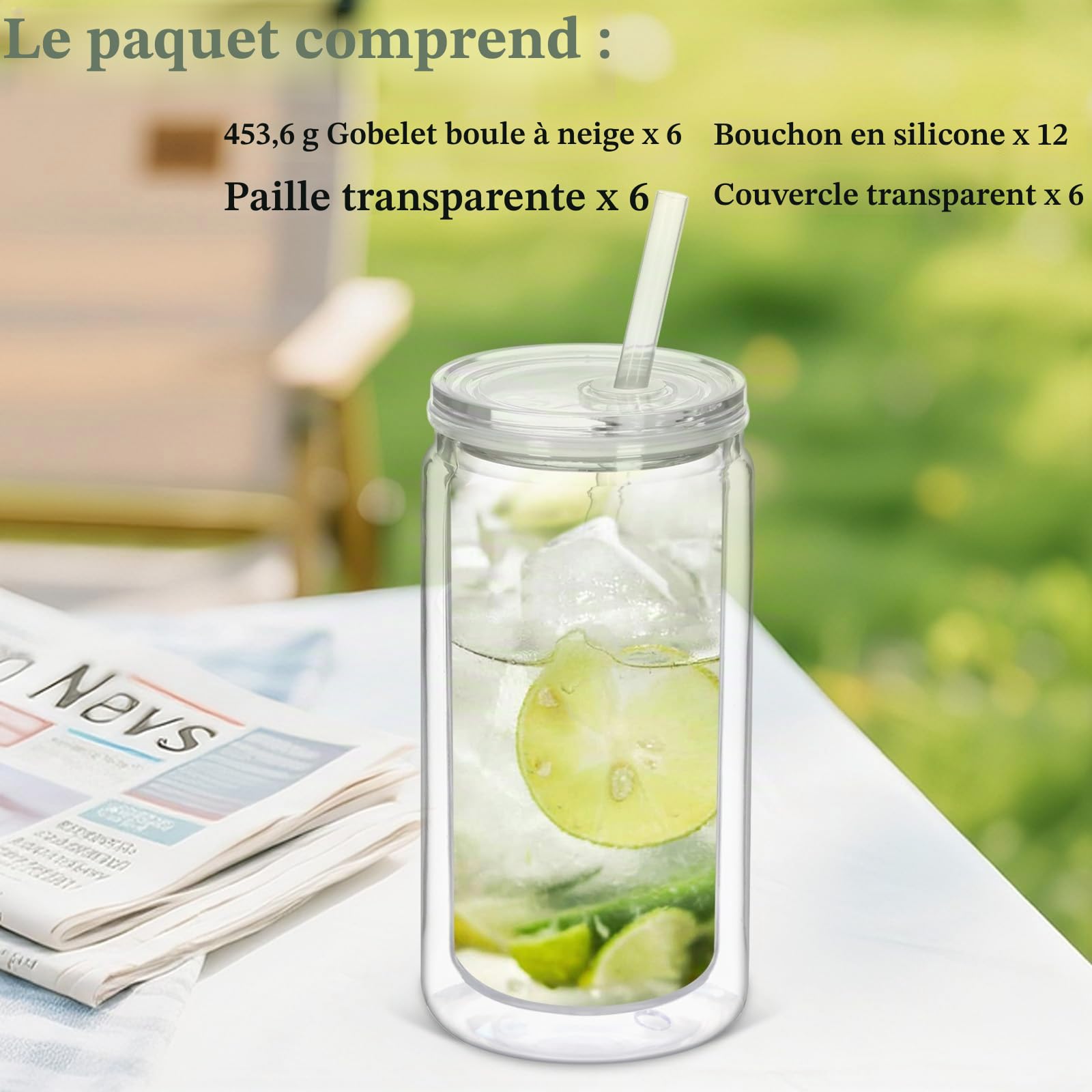 Lot de 6 gobelets en plastique pré-percés à double paroi avec couvercle et paille - 473 ml - Pour boule à neige à paillettes - Cadeau de bricolage (transparent)