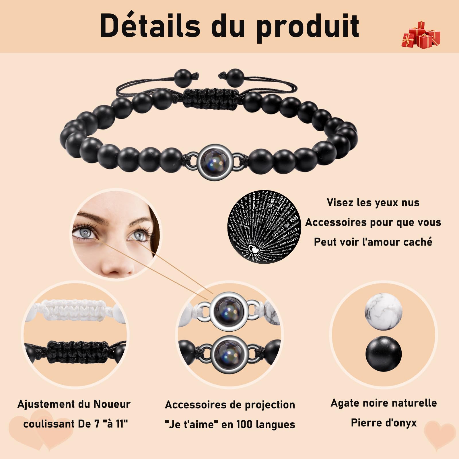 CheersLife FR,Braccialetti Di Coppia Braccialetto Di Proiezione In 100 Lingue