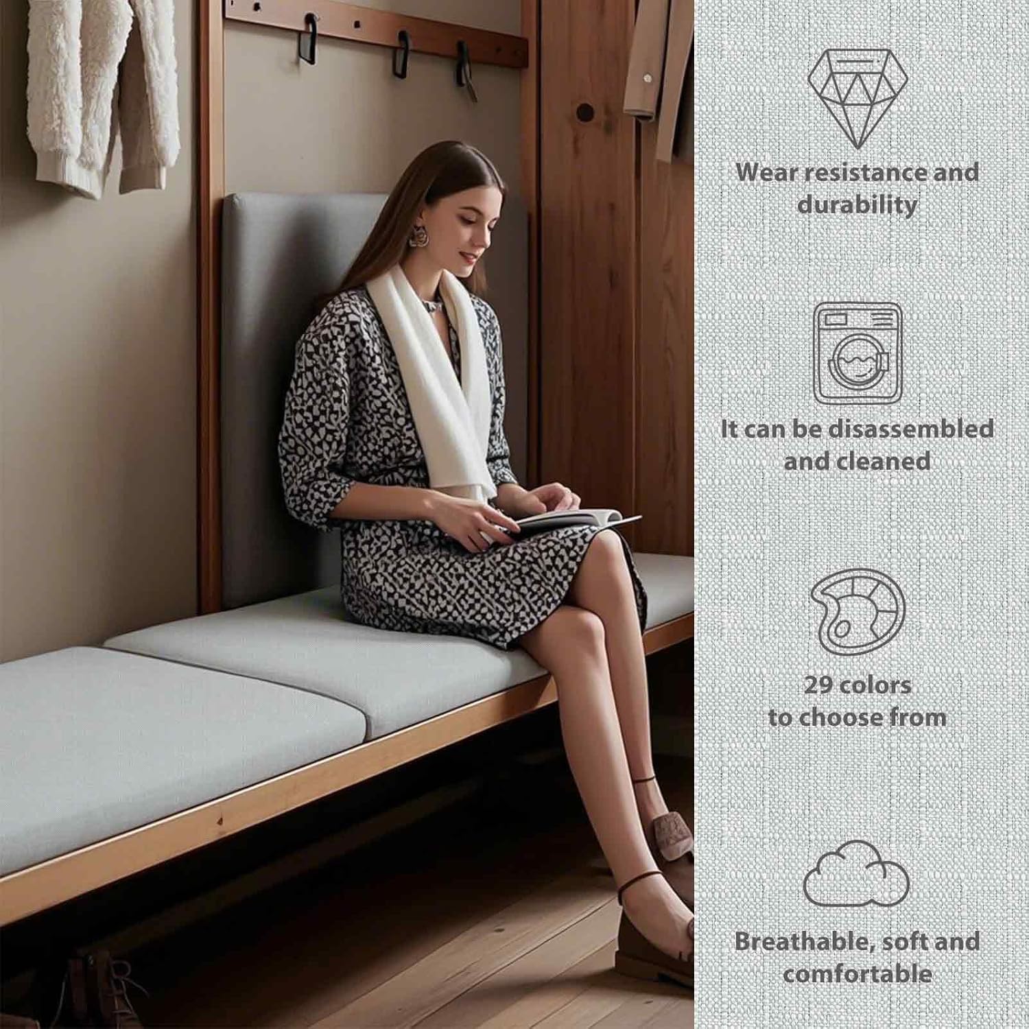 Sauna Cushion 3x48x24in Linen-Style Polyester Fabric – 50D Foam, Medium-Firm. Custom Cut to Your Dimensions Foam for Bench Cushion Dollar -Dark Grey Blue.