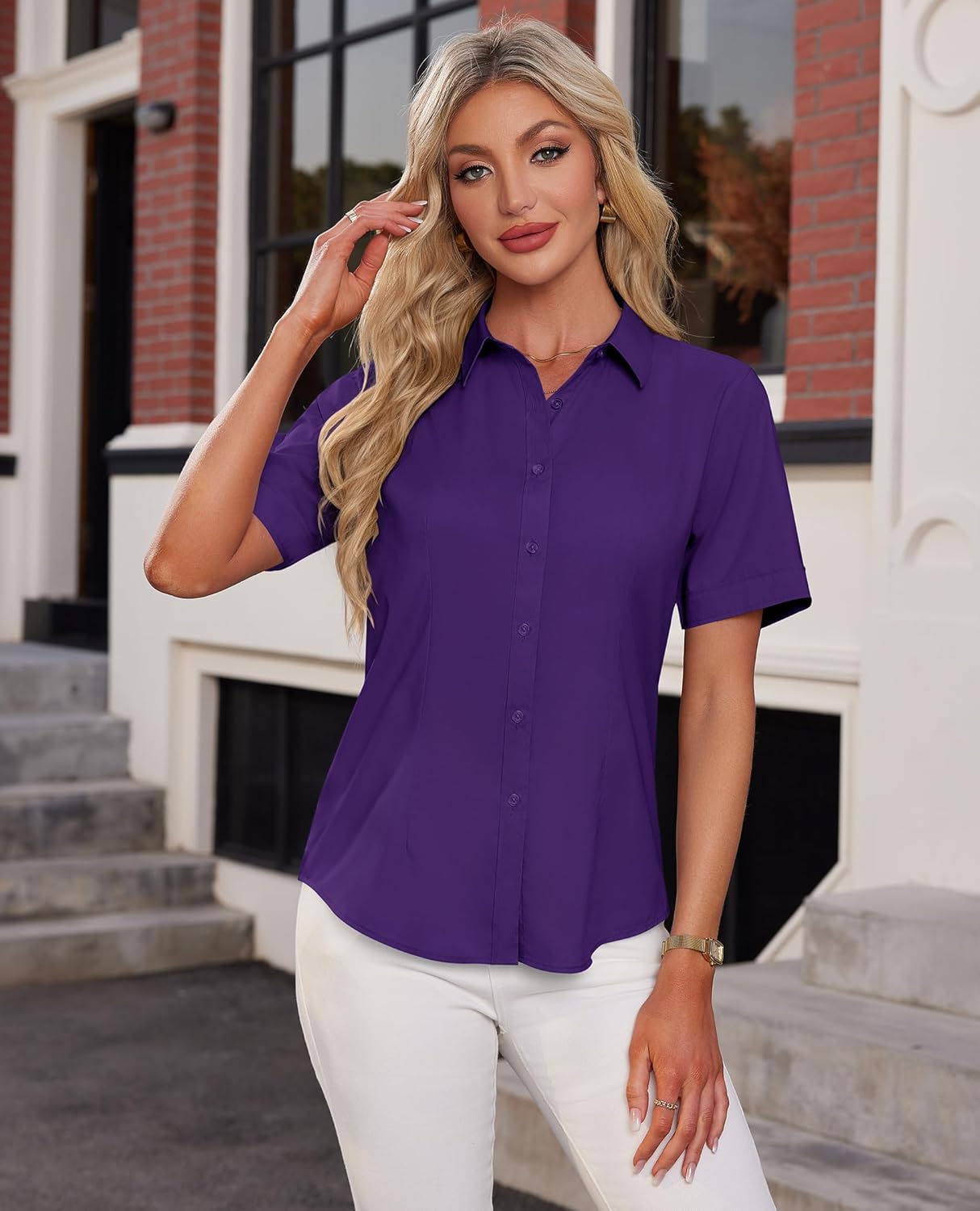 siliteelon Womens Stain Shield Dress Shirts Wrinkle Free Short Sleeve Solid Tops Blouses Button Down Shirts - Image 2