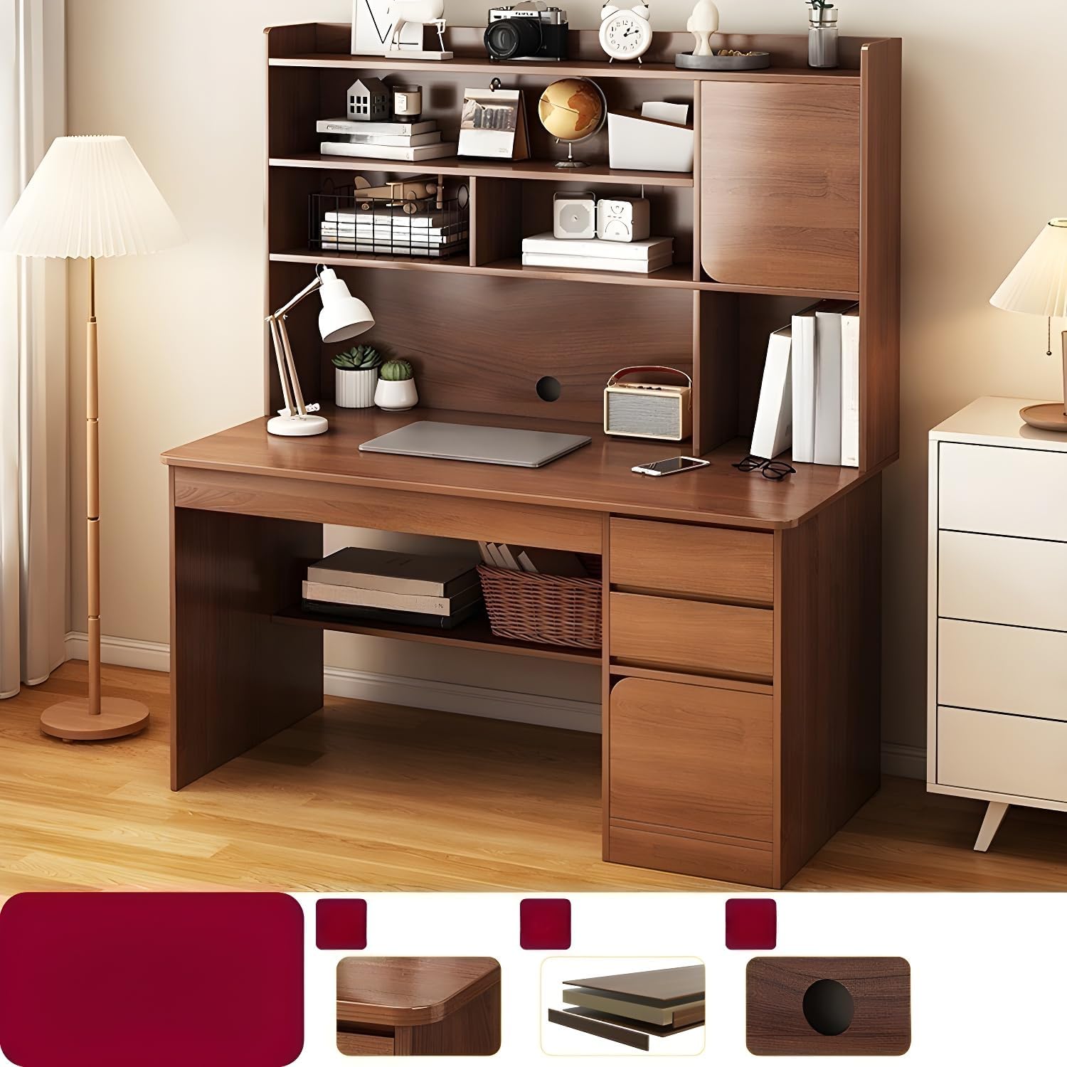 LITFAD Contemporary Rectangular Credenza Desk Home Storage Table Wood Computer Desk with Storage Drawers and Shelves - White 39" L x 18" W x 52" H Without Chairs