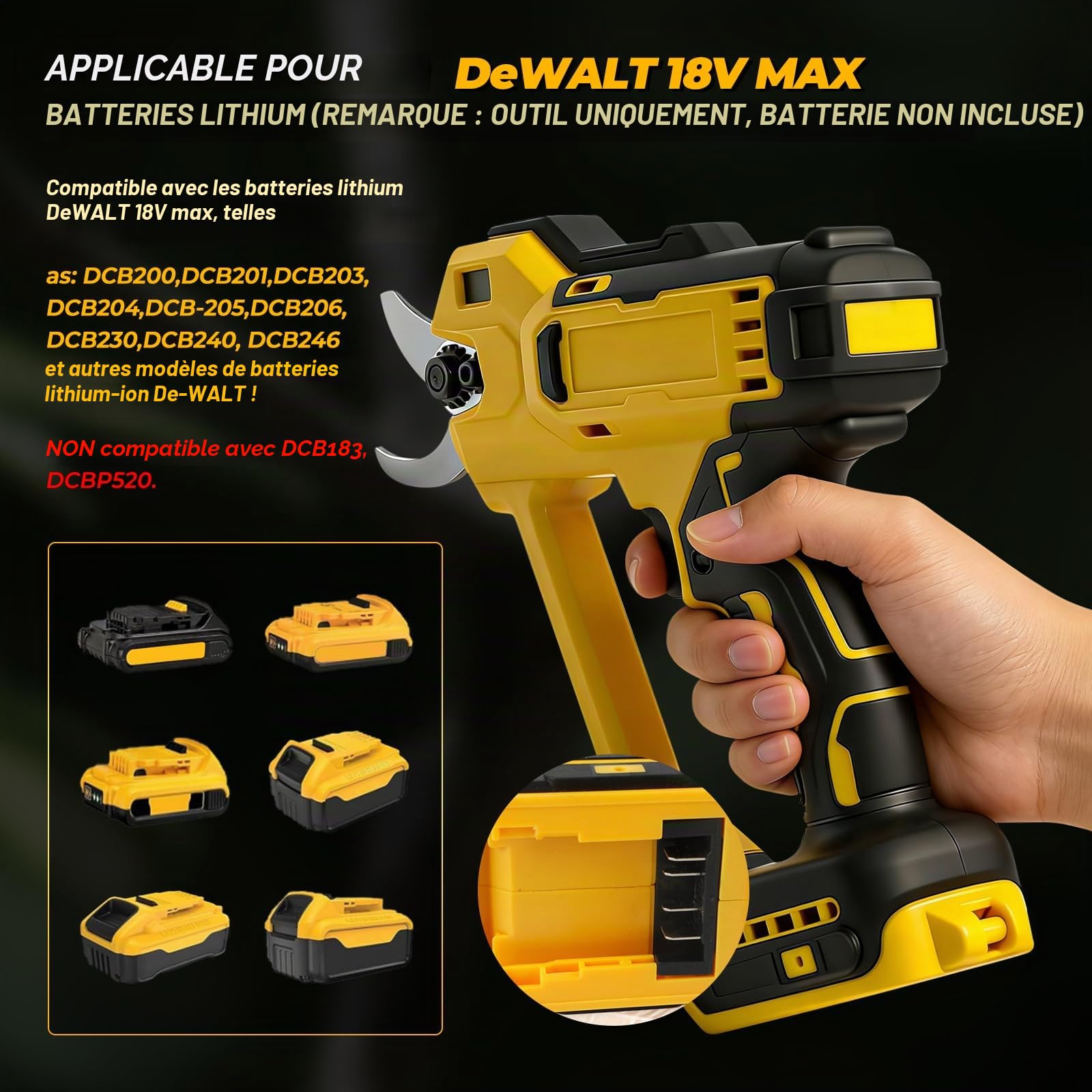Sécateur électrique sans fil compatible avec batterie Dewalt 18 V (sans batterie), 600 W, max 35 mm, sécateur de jardin pour jardin, vigne