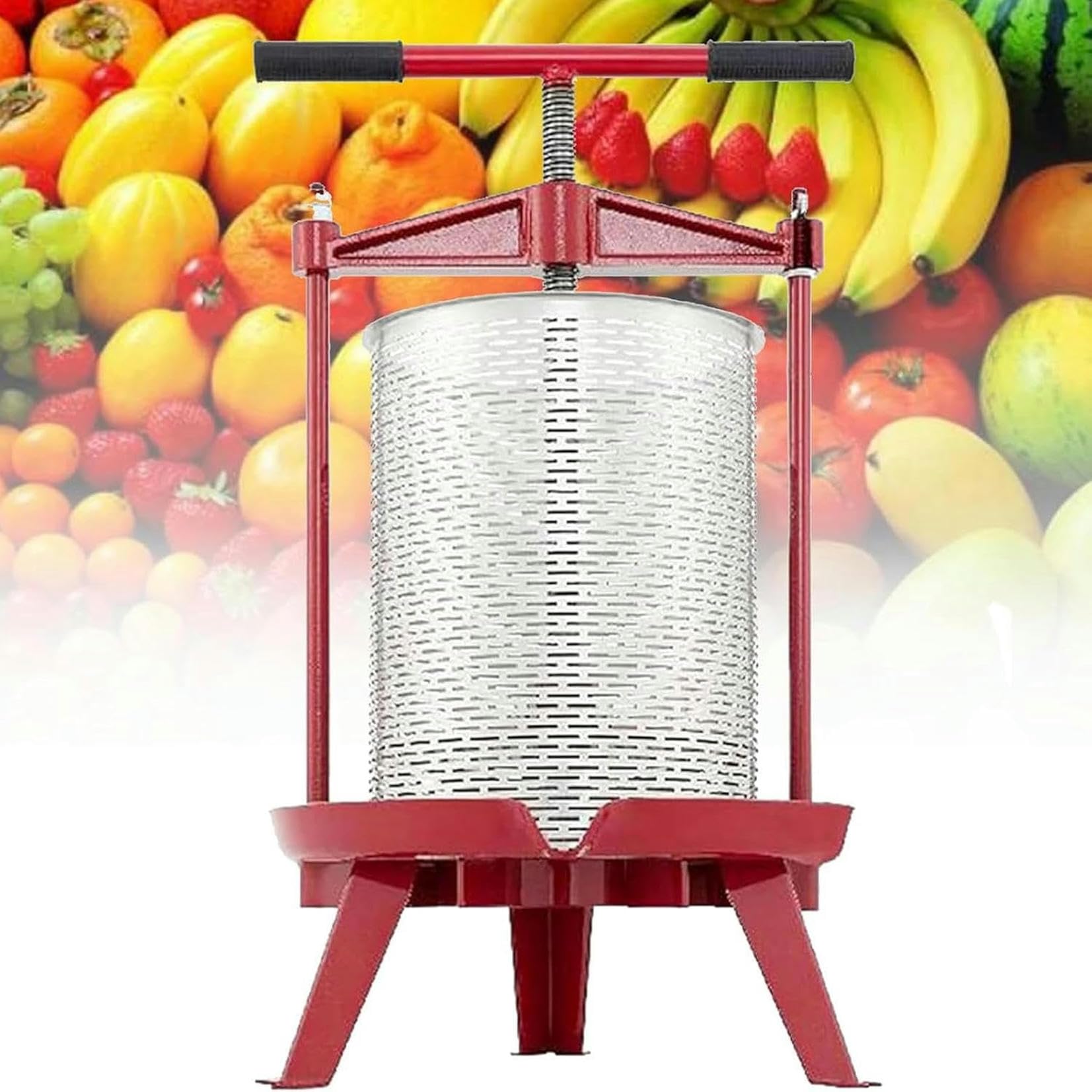 Prensa de Frutas de 14 l, para Hacer Vino y Sidra, Cesta Hueca de Acero Inoxidable, Base Resistente y Estable, Prensa ergonómica con Mango en T para huertos y Temporada de Cosecha~/