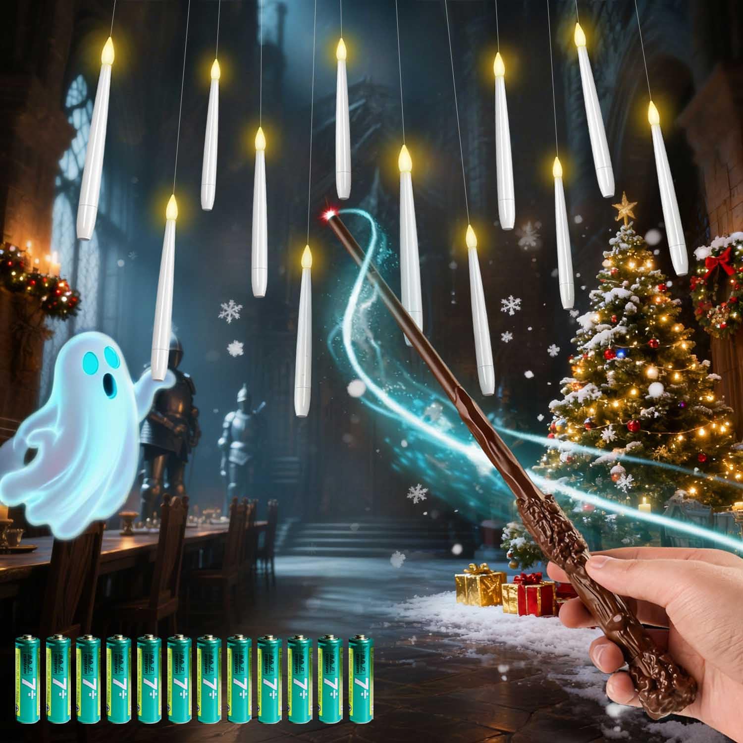 CSNDICE Floating Candles with Wand, 12pcs Floating Candle with 13 Batteries, Battery(Included) Operated Candles with 6H Timer, Warm Light Flashing Hanging Candle, Birthday Party Christmas Decoration