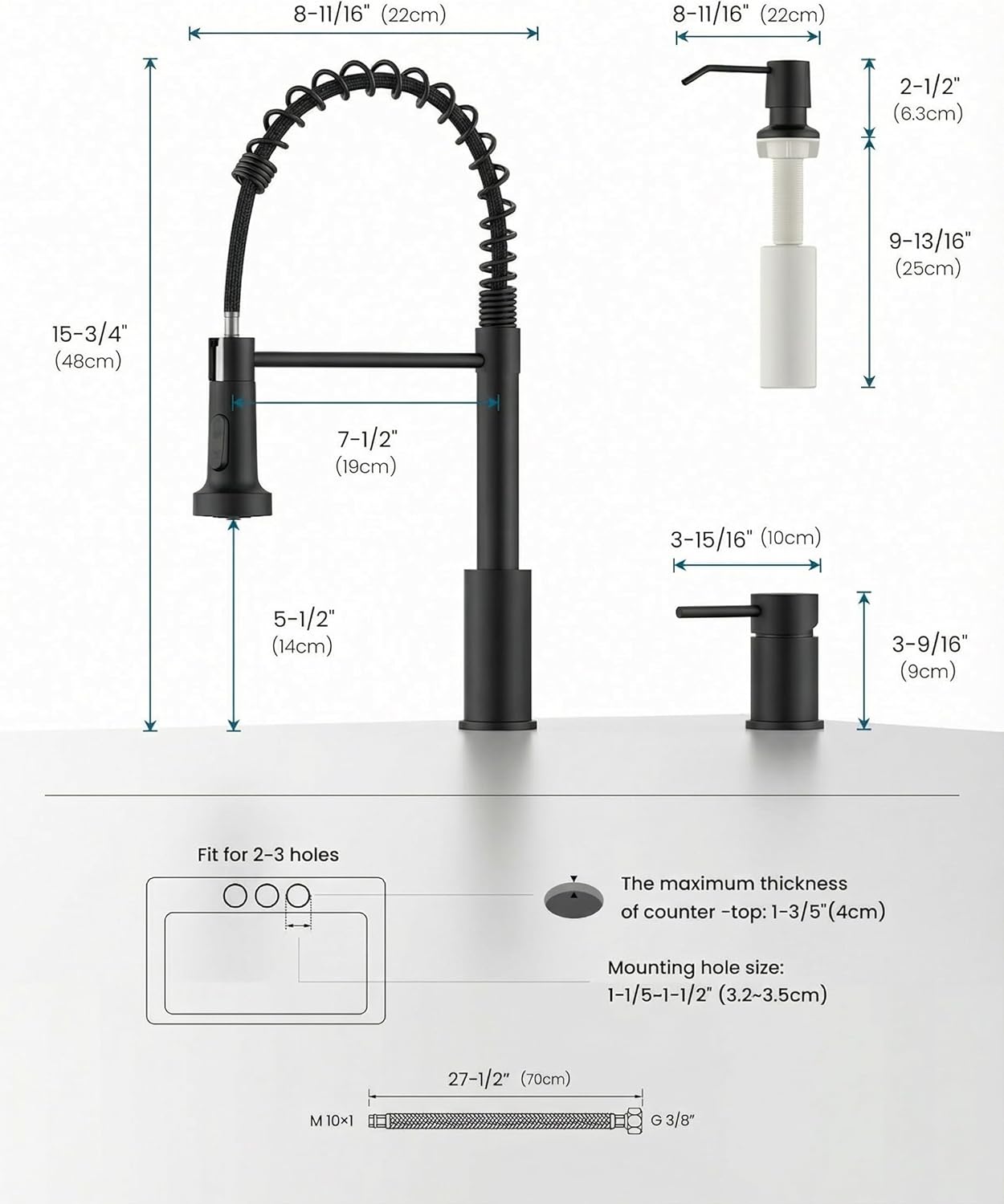 APPASO Black Kitchen Faucet 3 Hole, Matte Black Kitchen Faucets with Soap Dispenser, High Arc Spring, 20" Pull Down Sprayer Faucet for Kitchen Sink, 3 Piece Kitchen Sink Faucet