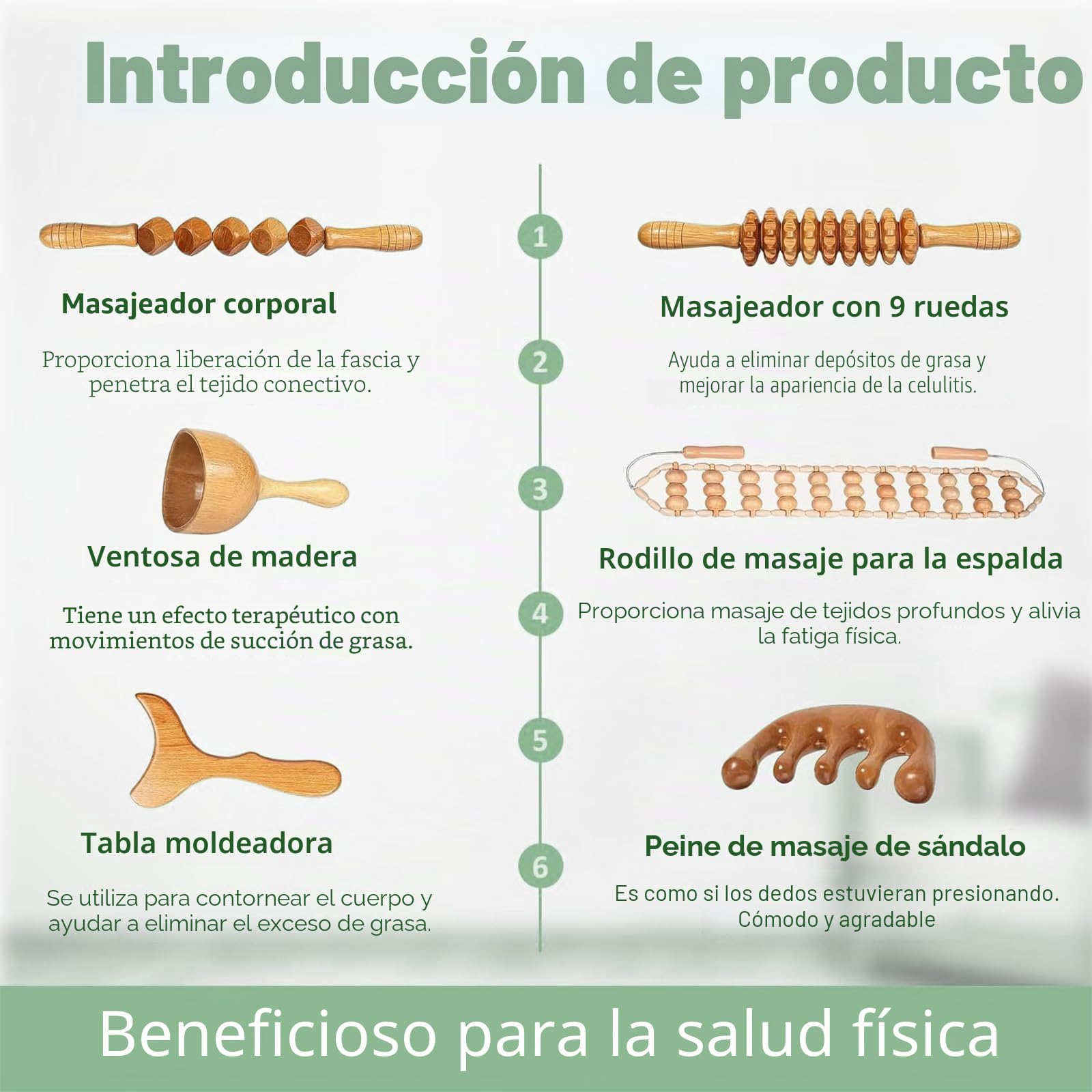 Set de 6 Kit Maderoterapia Corporal, Tratamiento completo de maderoterapia corporal celulitis, rodillo Gua Sha, rodillo de fascia, herramientas de esculpir el cuerpo para dar forma al cuerpo