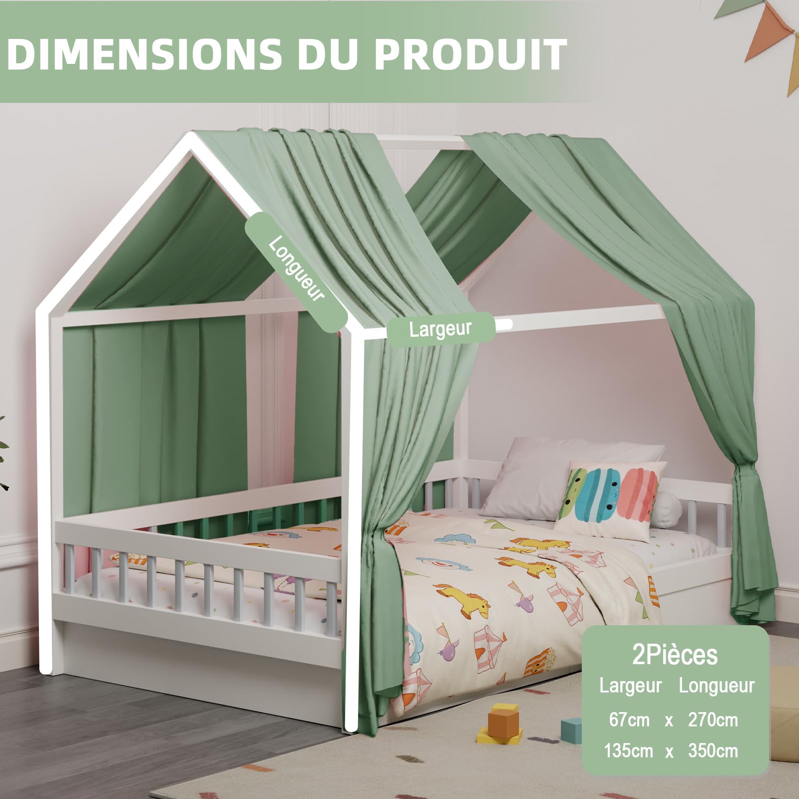 Ciel de Lit Cabane pour Maison Ensemble 2 Pièces 135 x 350 cm Vert | Rideaux Lit Cabane Garçon Fille Décoration de Chambre