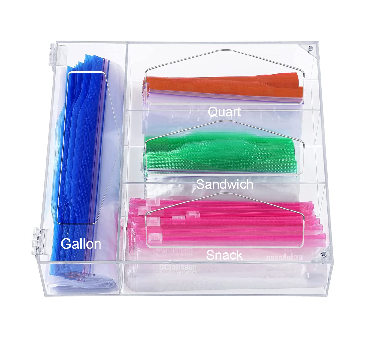 Ziplock Bag Storage Organizer, Acrylic Kitchen Drawer Baggie Box for Ziploc, Hefty, Solimo, Glad, Compatible with Gallon, Sandwich, Snack, Freezer, Slider Quart, Variety Size Bags(Clear)