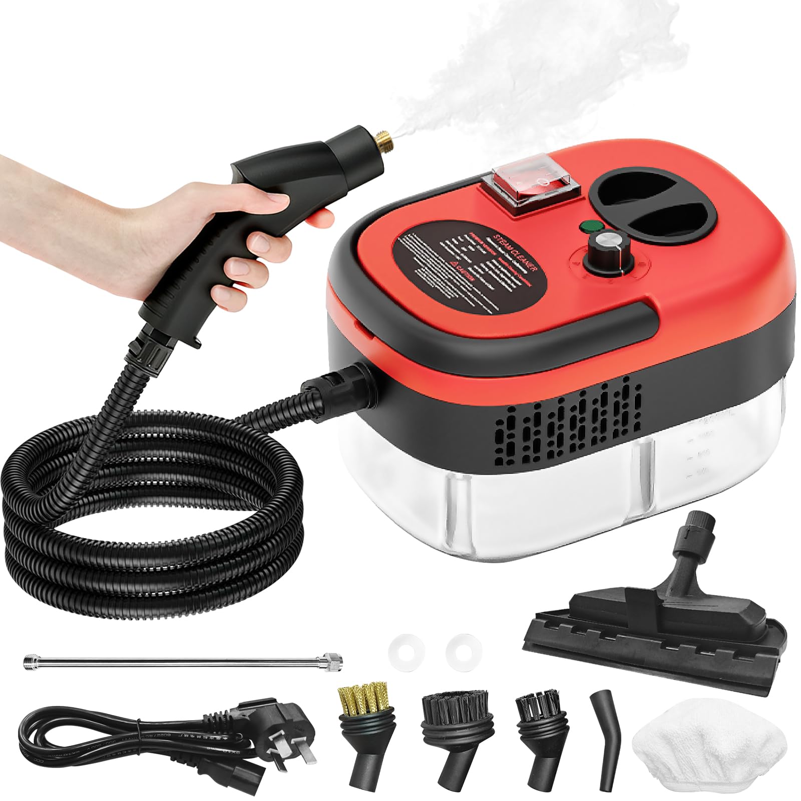 Handheld Steam Cleaner, 2500W Pressurized Steam Cleaner with 3 Brush Heads, Portable Steam Cleaner for Home, Car, Furniture, Kitchen, Bathroom and Wall, Red