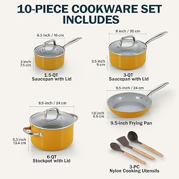 Cook N Home Pots and Pans Set Non Stick, 10-Piece Hard Anodized Nonstick Healthy Ceramic Cookware Set, Induction Cookware Cooking Set with Stay-Cool Handles, Nylon Kitchen Utensils, Yellow