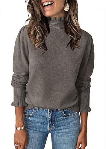 UNCLECAT Womens Ruffle Mock Neck Sweater Casual Puff Long Sleeve