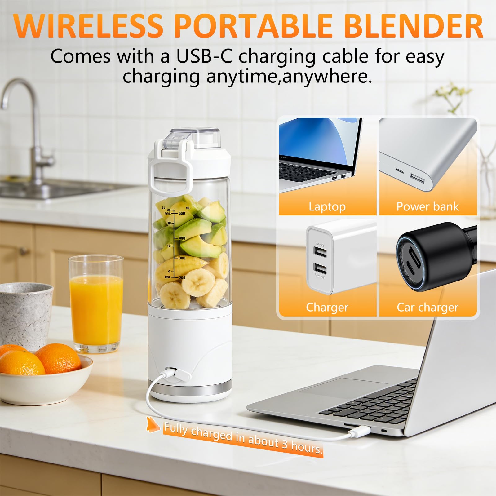 Frullatore portatile e smoothie maker to go, 650 ml, batteria da 4000 mAh, ricaricabile con USB-C, trita ghiaccio e frutta in 20 secondi, contenitore in Tritan senza BPA, frullatore senza fili per
