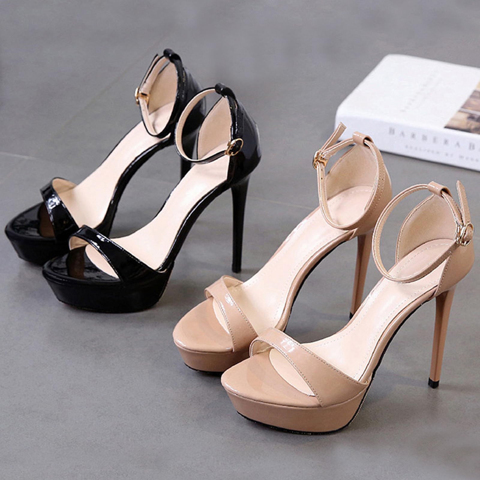 Scarpe con Tacco E Plateau A Spillo Peep Toe Pumps Cinturino alla Caviglia Fibbia Sandali 12cm da Matrimonio Ufficio Feste Sexy Scarpe