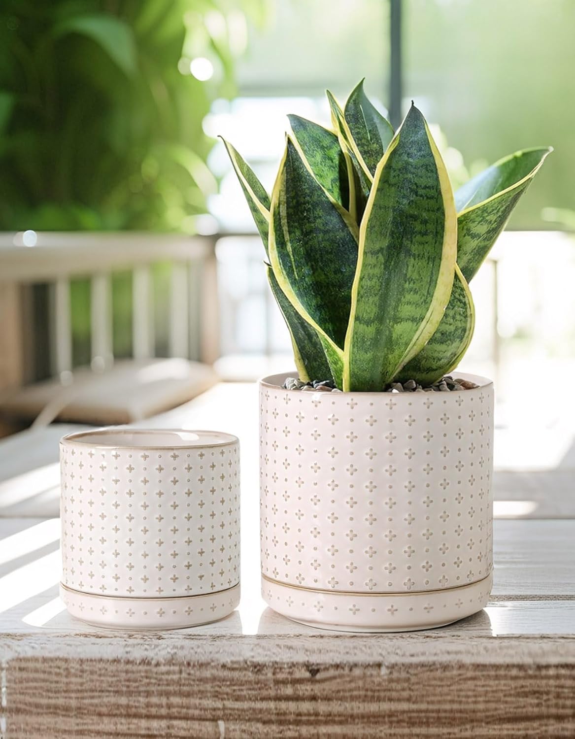 Plant Pots, 5+6 inch Planters Set of 2, Ceramic Pot for Indoor Plants with Drainage Hole and Saucer, Small Flower Pot for Succulent, White