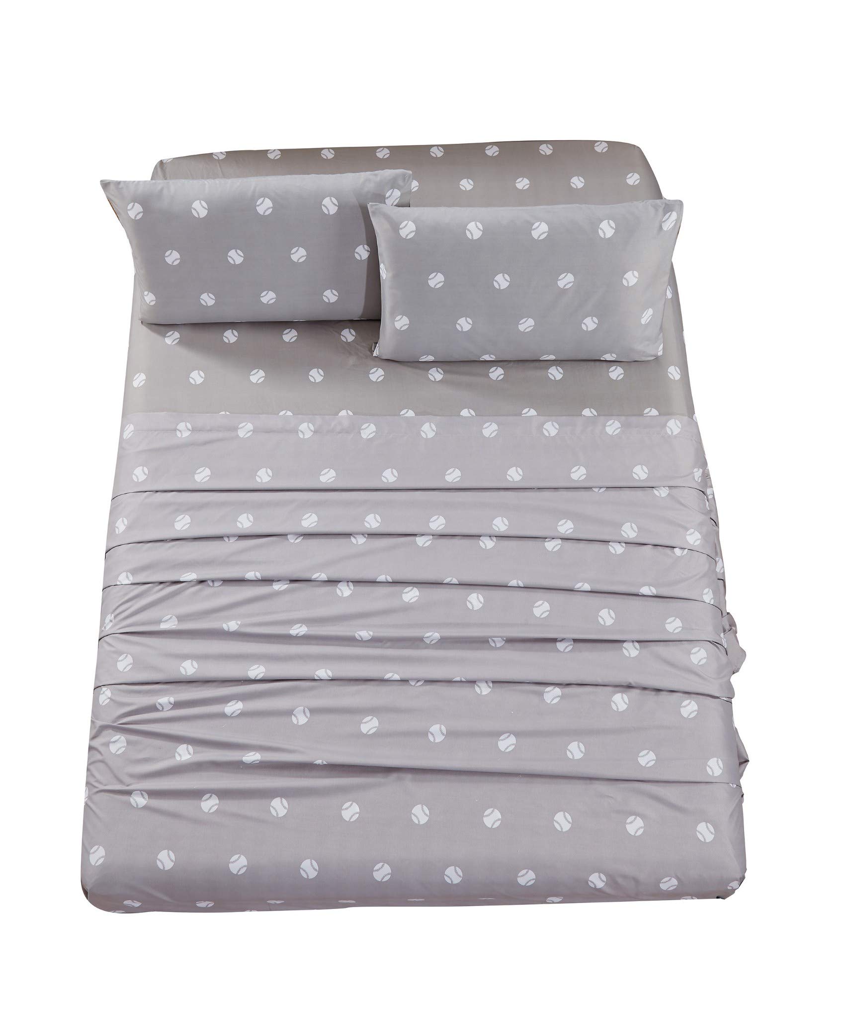 3-Piece Kids/Teens Sports Sheet Set - Soft Microfiber Gray White Baseball, Twin Size