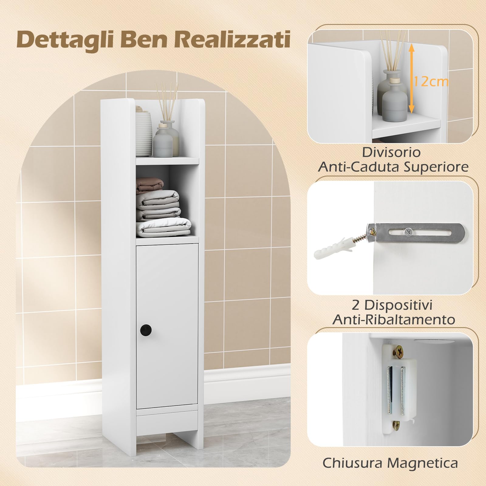 RELAX4LIFE Mobile da Bagno Stretto, Armadietto da Terra con Ripiani Regolabili e Scomparti Aperti, Porta Carta Igienica, Organizzatore Portaoggetti per Piccoli Spazi (Bianco)