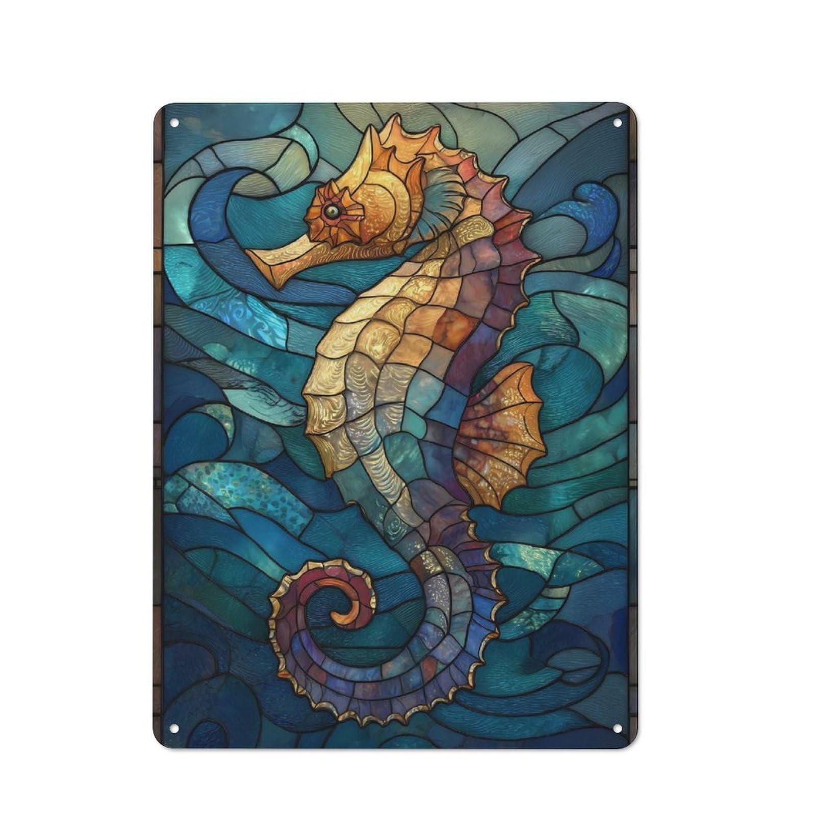 Junmoney Stained Glass Seahorse In Ocean Vintage Tin Sign 40X30cm With For Man Cave Or Games Room, For Games Room Collectors