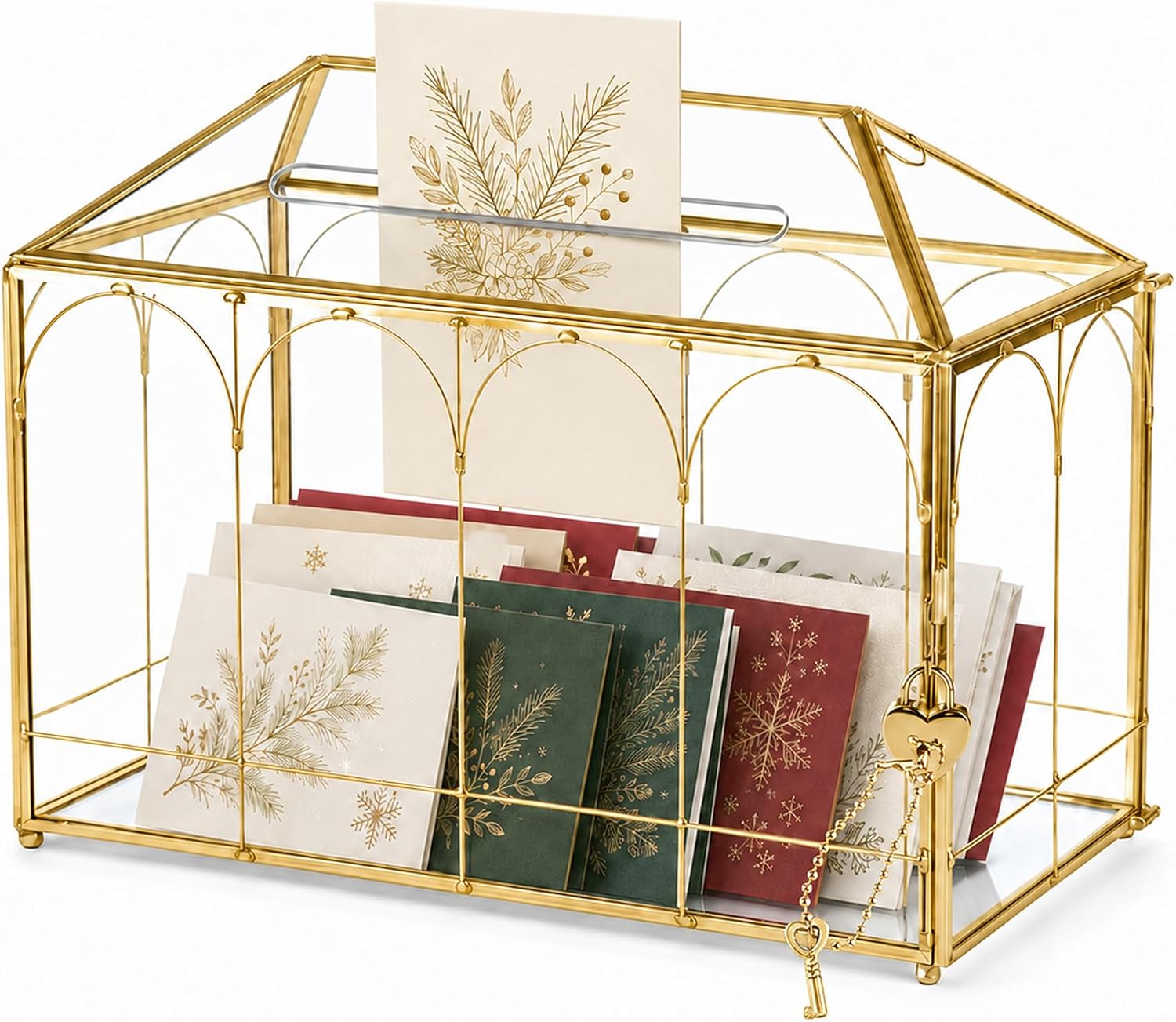 Glass Card Box with Slot, 12.6" x 5.9" x 9" Large Gold Clear Card Boxes for Wedding Receptions, Christmas Decor, Baby Shower, Birthday Party, Bridal Shower - Slot Length 7.1 Inches