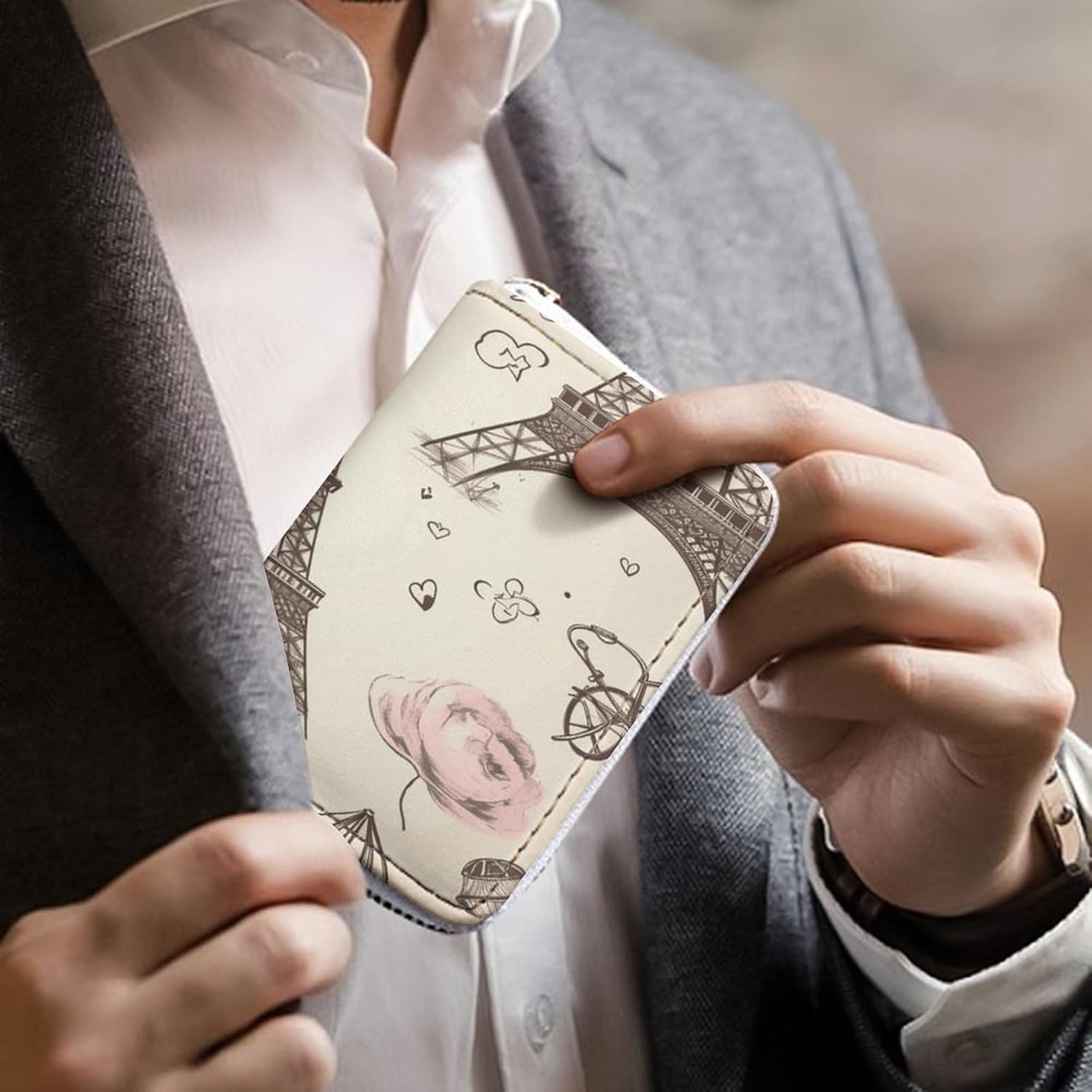 Leather Card Organizer Case Card Wallet Credit Card Holder The Eiffel Tower Printed Zipper Card Cases Holder for Women Men