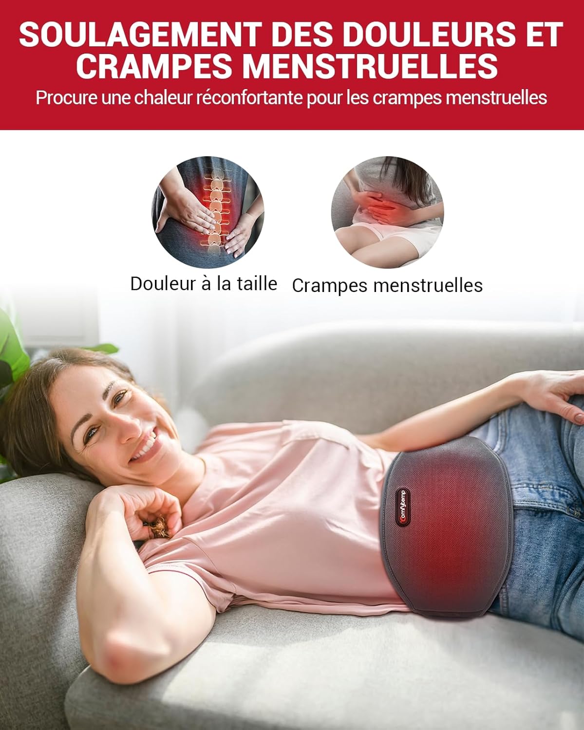 Woman lying on a couch with the Comfytemp Lumbar Heating Belt on her abdomen, illustrating relief for waist pain and menstrual cramps.