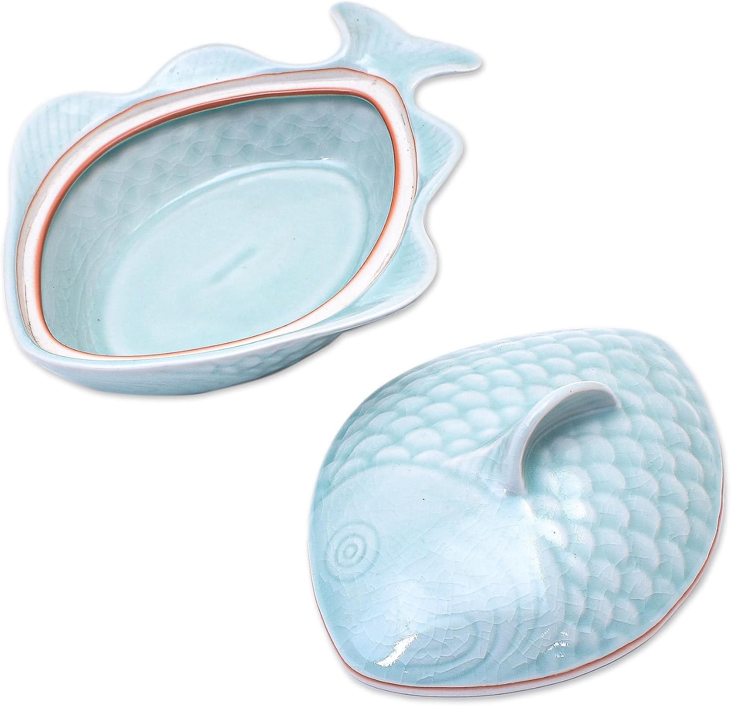 NOVICA Artisan Handmade Celadon Ceramic Lidded Bowl Aqua Fishshaped Green Thailand Tableware Serveware Serving Bowls Animal Themed East Meets West [3.5in H x 8.5in W x 7.25in D 6 Oz.] ' Fish Dish in
