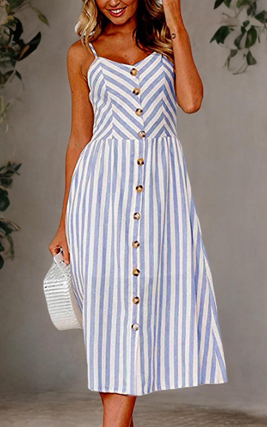 Angashion Women's Dresses-Summer Floral Bohemian Spaghetti Strap Button Down Swing Midi Dress - Image 5